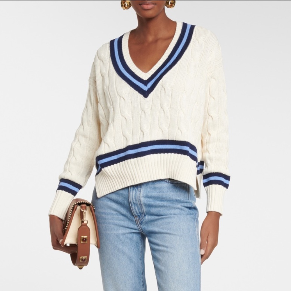Polo by Ralph Lauren Cream Cable-Knit V-Neck Sweater with Navy & Light Blue Trim